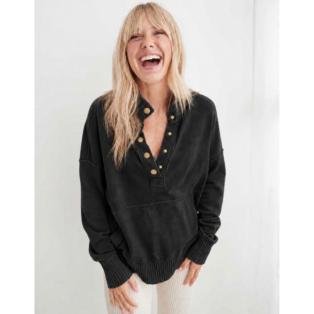 Aerie M Oh Snap Weekend Henley Mockneck Sweatshirt Oversized Relaxed Fit Black